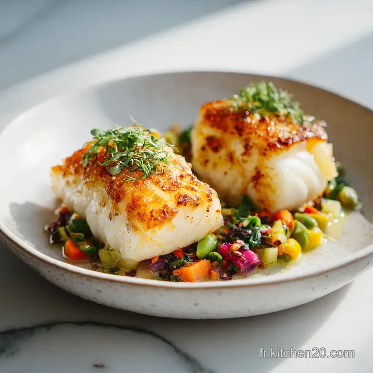 A perfectly seared cod fillet, seasoned with herbs, artfully plated atop creamy mashed potatoes and crisp, vibrant green b...