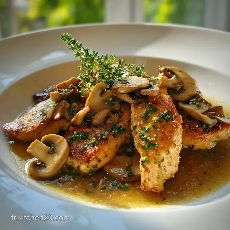 Elegant plate showcasing sliced chicken in cream sauce, garnished with parsley. Steaming, appetizing view of tender chicken.