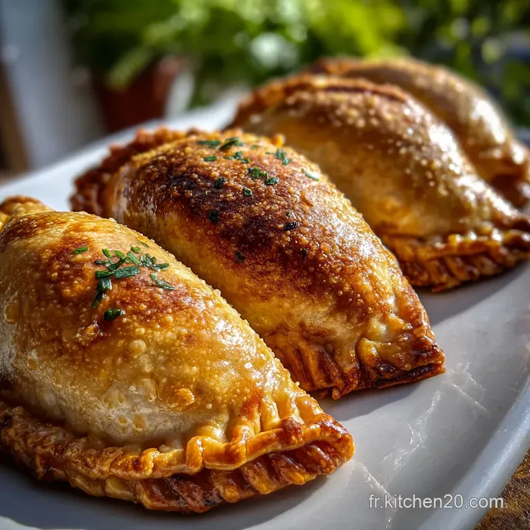 A single empanada glistens, revealing a richly browned crust with a tempting, savory filling peeking from the opening.