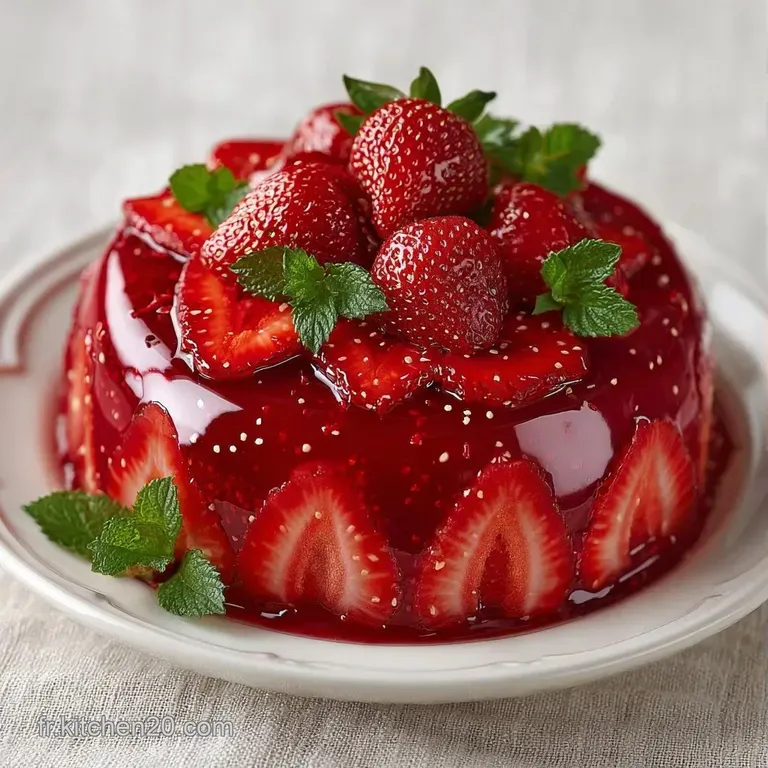 Part de mousse rose p&acirc;le sur assiette blanche, d&eacute;cor&eacute;e de gouttes de coulis rouge vif et d'une feuille de menthe.