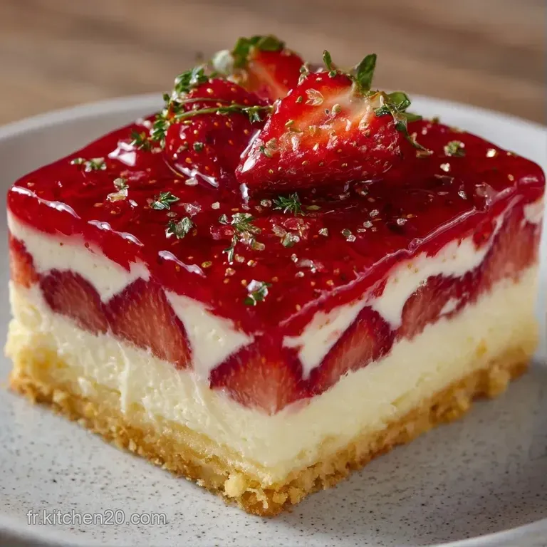 Tranche a&eacute;rienne r&eacute;v&eacute;lant des couches jaune p&acirc;le et rouge, pos&eacute;e sur une assiette blanche avec un coulis brillant.