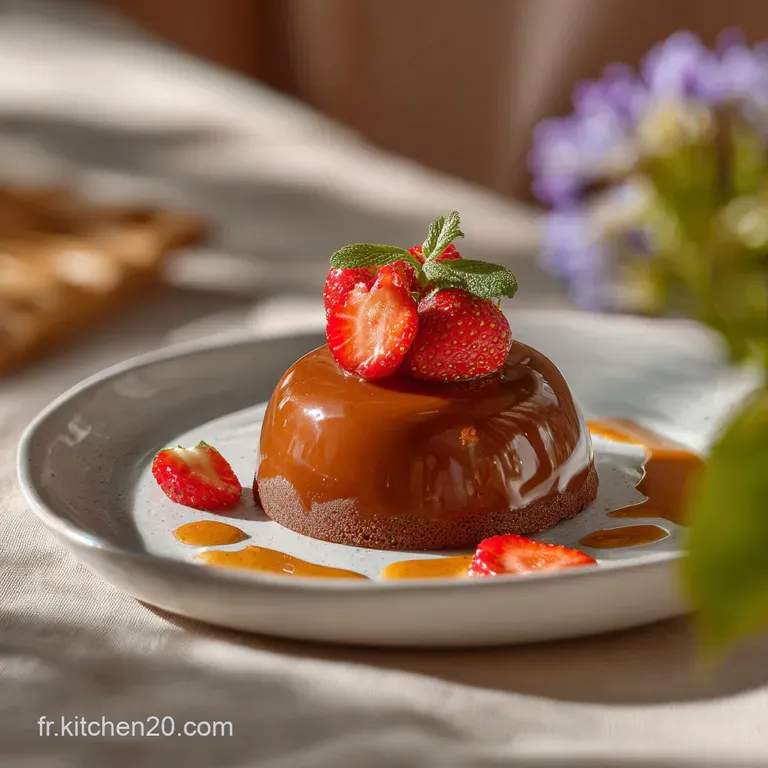 Elegant individual hazelnut praline entremet slice with a shimmering chocolate mirror glaze and caramel shard