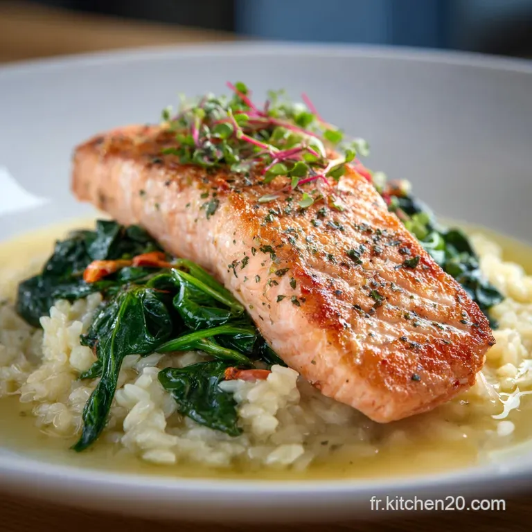 Feuillet&eacute; de saumon et d&eacute;pinards avec risotto aux l&eacute;gumes cr&eacute;meux