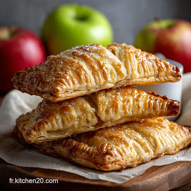 Elegant plate featuring a stack of crisp, caramelized apple feuillet&eacute;s, garnished with a swirl of whipped cream and a spri...