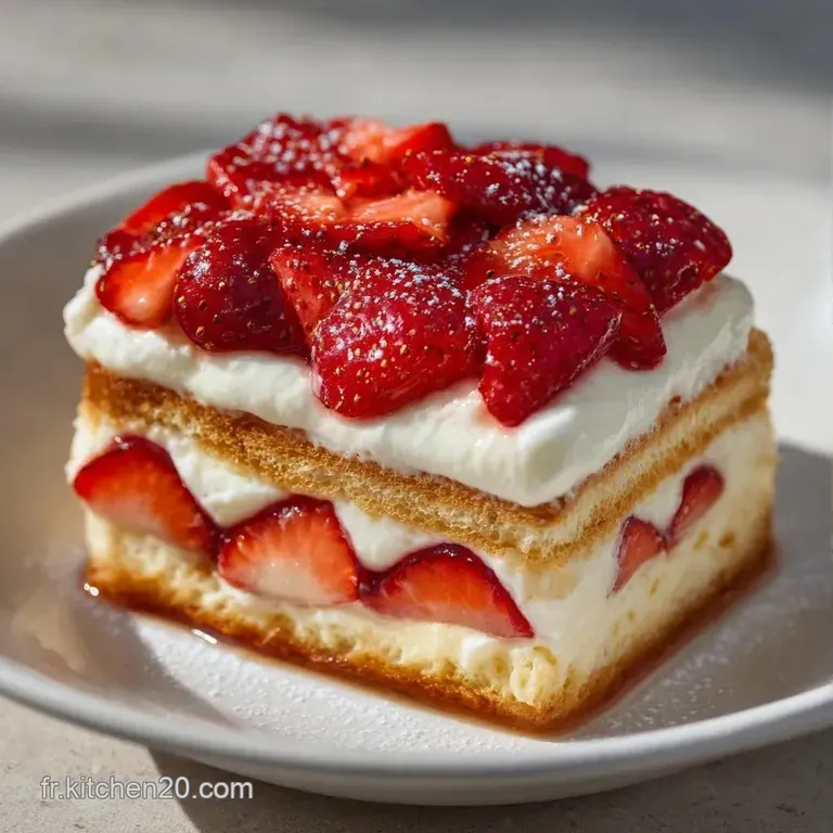 Une part triangulaire d&eacute;voilant des couches altern&eacute;es de biscuit dor&eacute;, de mousse a&eacute;rienne et de fraises juteuses.
