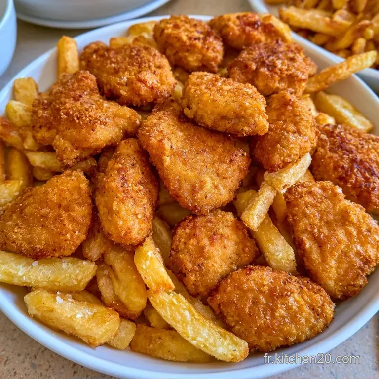 Assiette blanche moderne avec des frites bien droites et des nuggets dor&eacute;s, accompagn&eacute;s d'une sauce cr&eacute;meuse rouge.