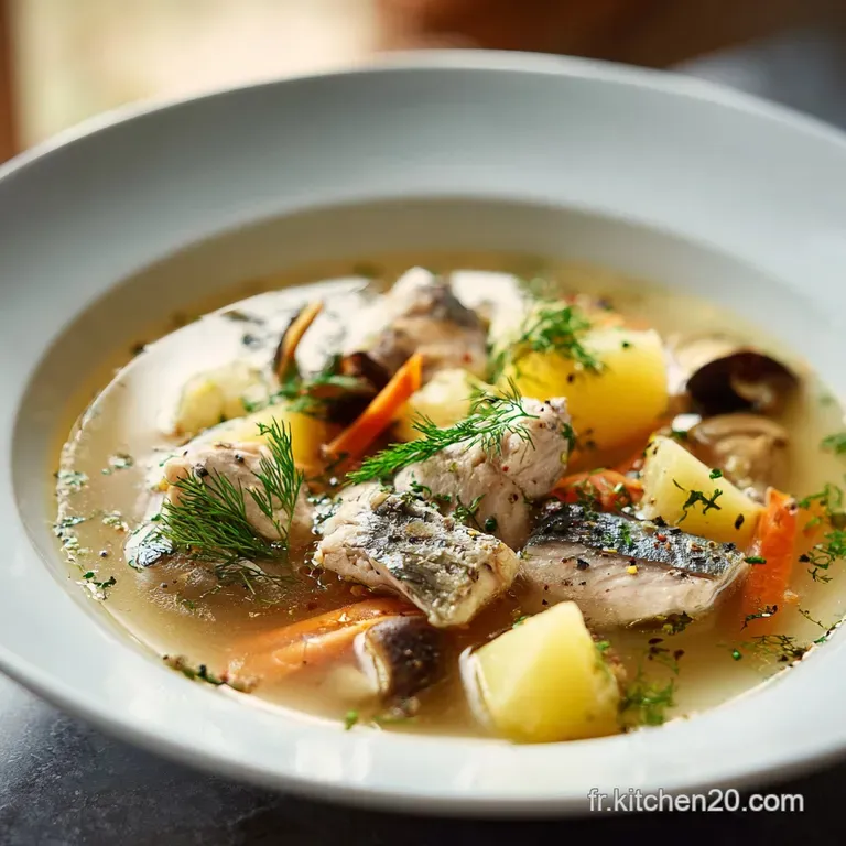 Silky, pale-yellow fish fumet poured into a pristine white bowl. Glistening surface, hinting at savory, subtle flavors.
