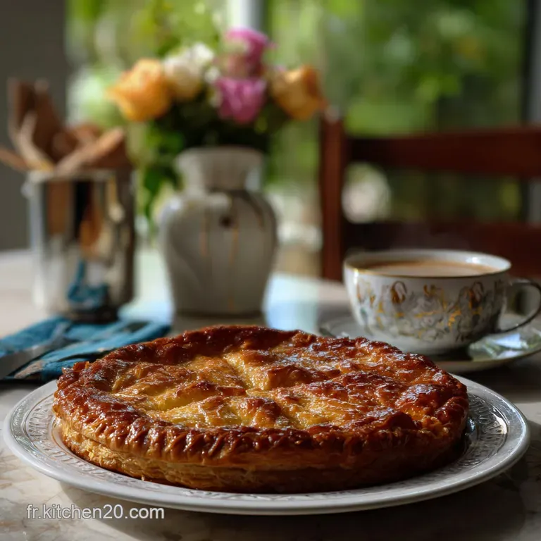 Elegant slice of galette des rois revealing a smooth frangipane interior. The crisp, layered pastry contrasts beautifully ...