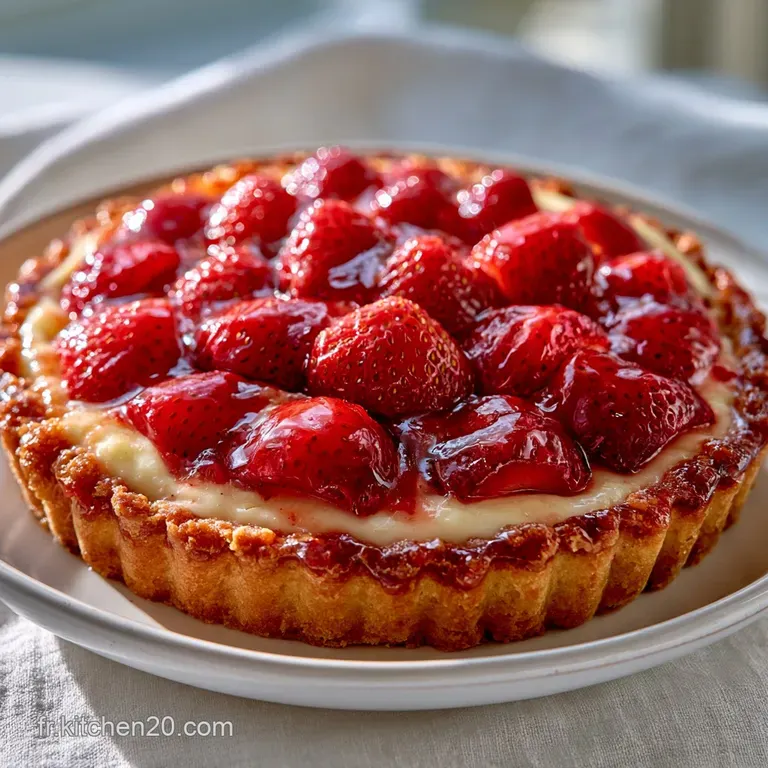 Part de tarte aux fruits rouges sur assiette blanche, contrastant avec une feuille de menthe fra&icirc;che et un nappage lucide.