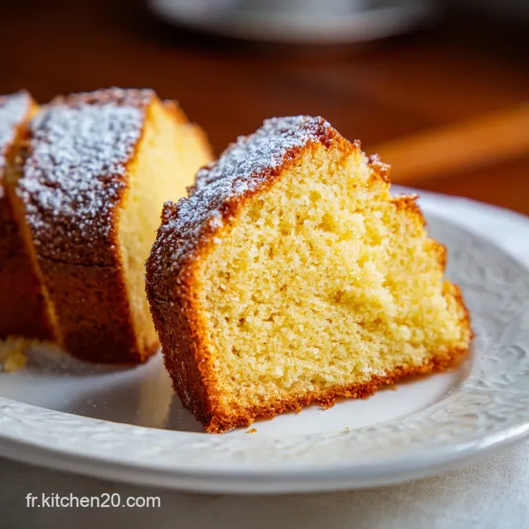 A moist slice of pale gold sponge cake served on a white plate with a drizzle of honey and fresh raspberries.