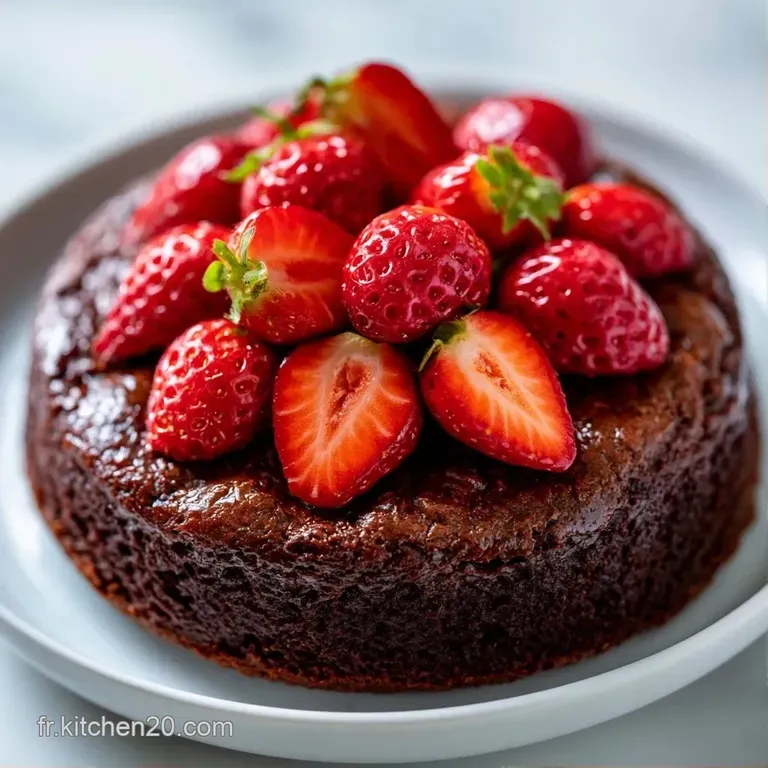 Part de g&acirc;teau moelleux au chocolat et fraises fra&icirc;ches, dress&eacute;e avec &eacute;l&eacute;gance sur une assiette en porcelaine blanche.