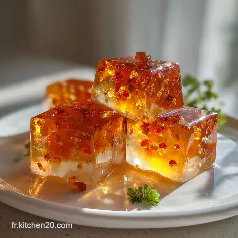 Elegant ramekin filled with shimmering apple jelly, garnished with a delicate sprig of mint. A spoon rests nearby, ready t...