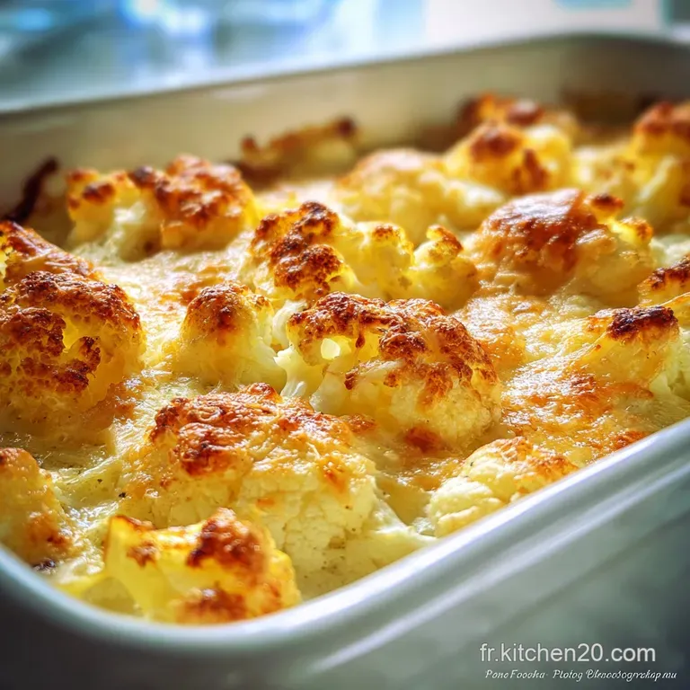 Creamy cauliflower gratin in a white bowl. Golden-brown crust with flecks of herbs. Steaming, comforting, and ready to eat.