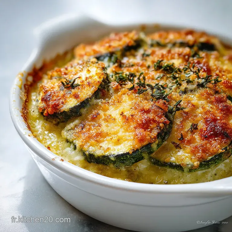 Elegant slice of zucchini gratin, showcasing creamy layers and a beautifully browned crust. Garnished with fresh herbs on ...