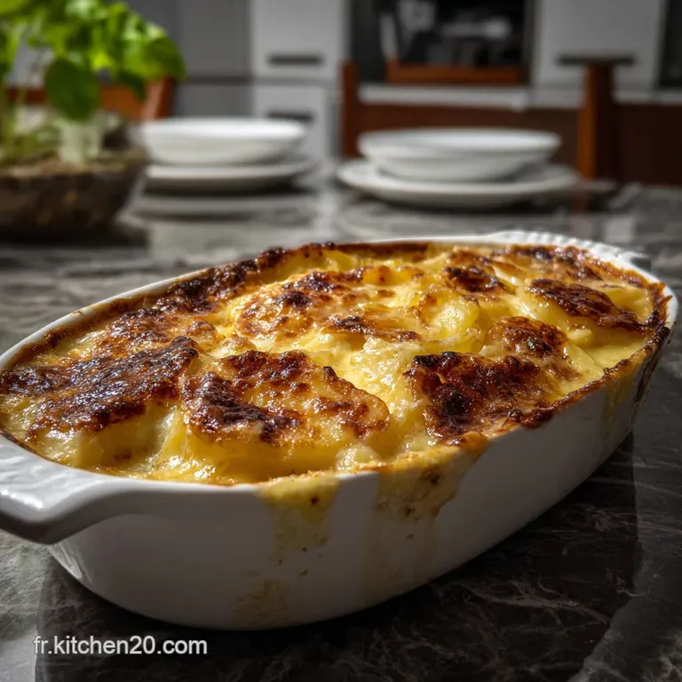 Elegant gratin portion with a delicate, browned crust, garnished with fresh herbs on a white porcelain plate.