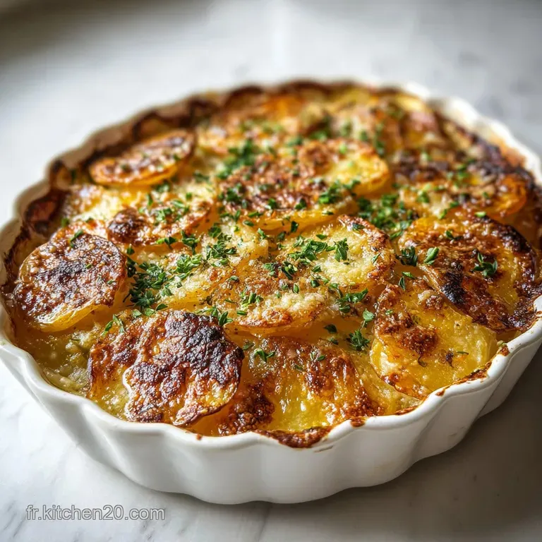 Elegant slice of layered potato gratin, glistening with cream, presented with fresh thyme sprigs on a white plate.