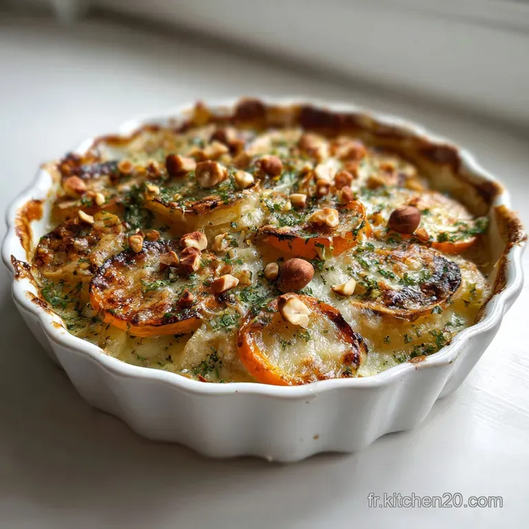 Slice of golden vegetable gratin on a plate, steam rising. Creamy sauce coats colorful vegetables with toasted cheese crust.