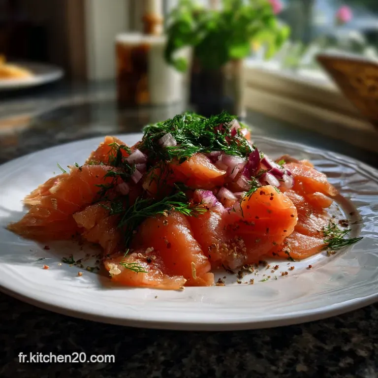 Delicate salmon gravlax slices artfully arranged with dill sprigs and lemon wedges, showcasing a creamy texture on a white...