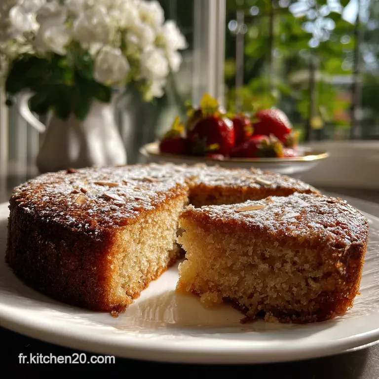 Slice of moist almond cake presented on a white plate with a delicate drizzle and a scattering of slivered almonds, elegant.