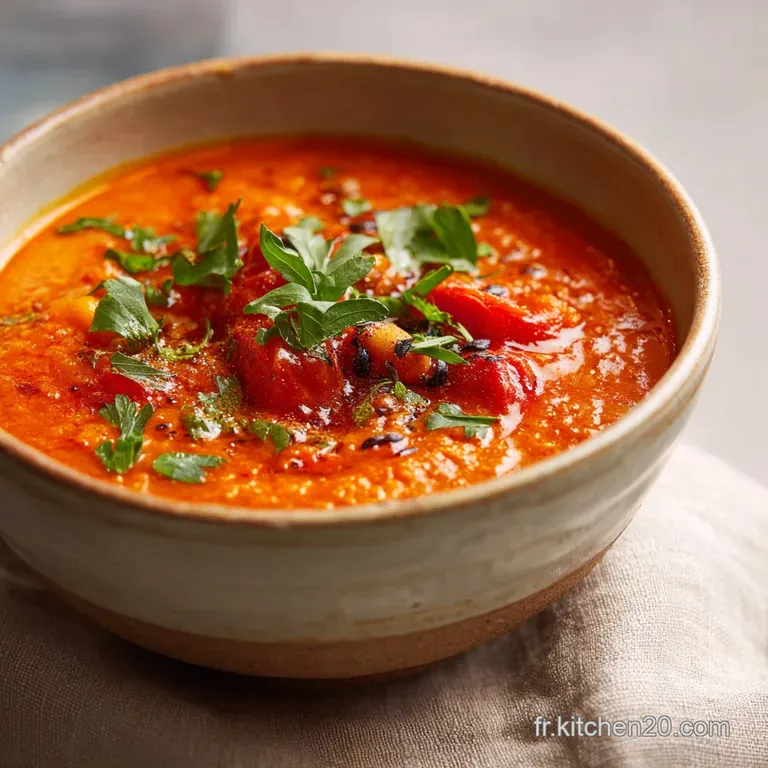 Steaming bowl of rich, dark harira garnished with bright cilantro and a wedge of lemon for a zesty, aromatic experience.