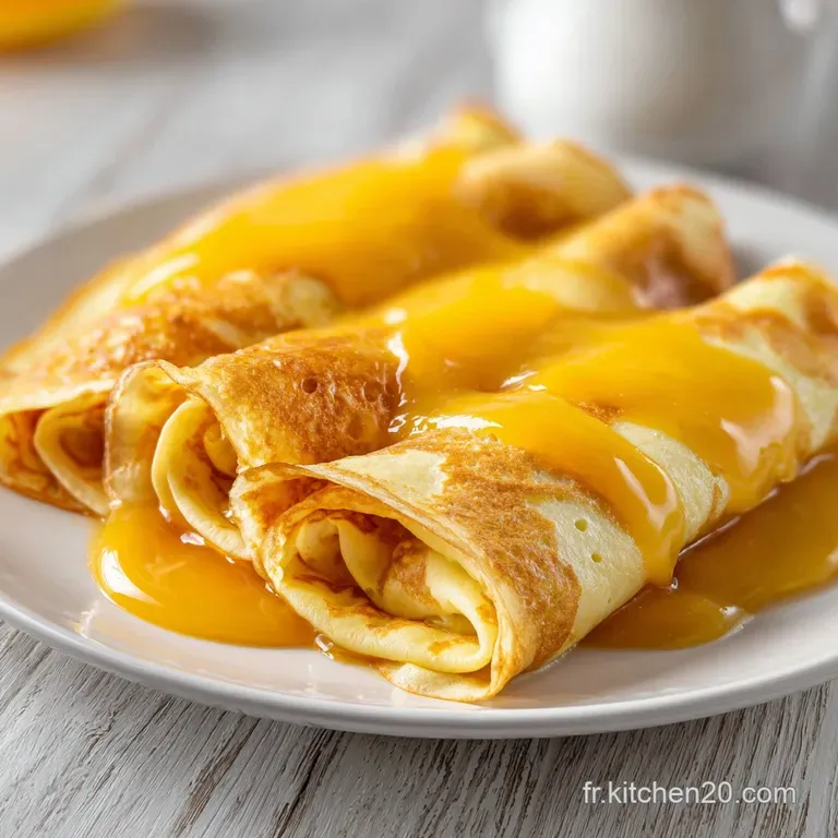 Trois cr&ecirc;pes pli&eacute;es en triangle dans une assiette blanche, entour&eacute;es d'un nappage orange ambr&eacute; et luisant.