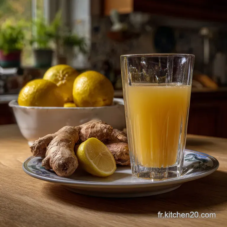 Elegant serving of golden-hued ginger juice in a slender glass, garnished with a lemon twist, arranged on a dark, textured...