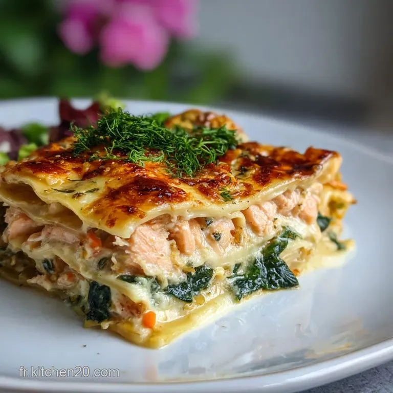 A slice of layered salmon lasagna with wilted spinach reveals flaky fish. Creamy sauce pools invitingly on the white plate.