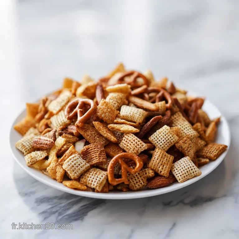 Cinnamon apple Chex mix in a rustic bowl, sprinkled with powdered sugar and garnished with crisp apple slices.