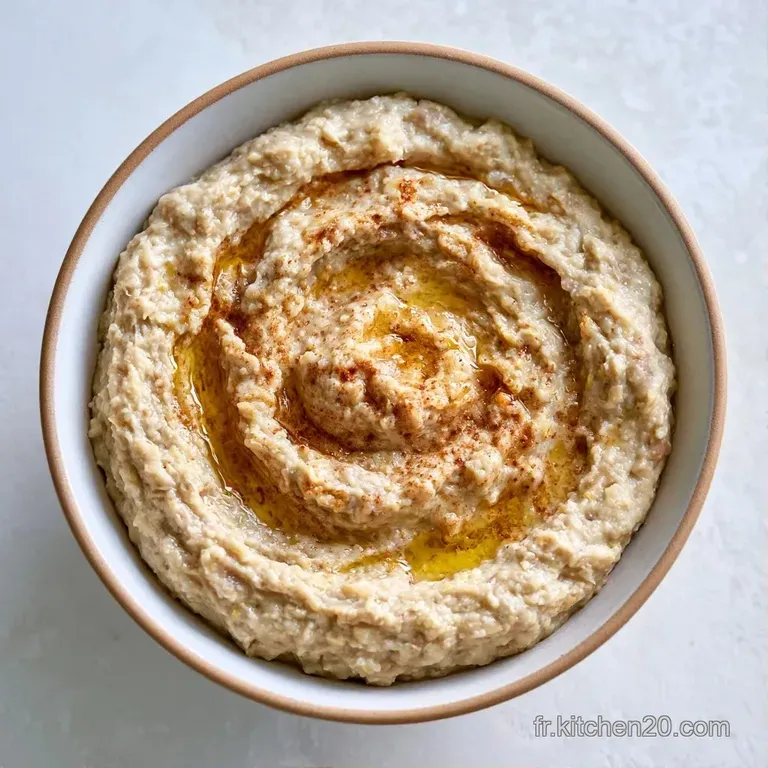 Bol en terre cuite contenant une cr&egrave;me d'aubergine onctueuse, entour&eacute;e de tranches de pain grill&eacute; et d'olives noires.