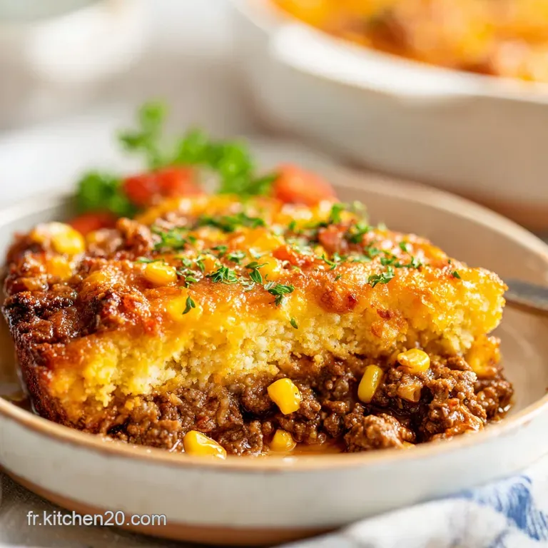 Slice of layered Mexican casserole showing rich, meaty filling peeking between tortillas, topped with melted cheese and fr...