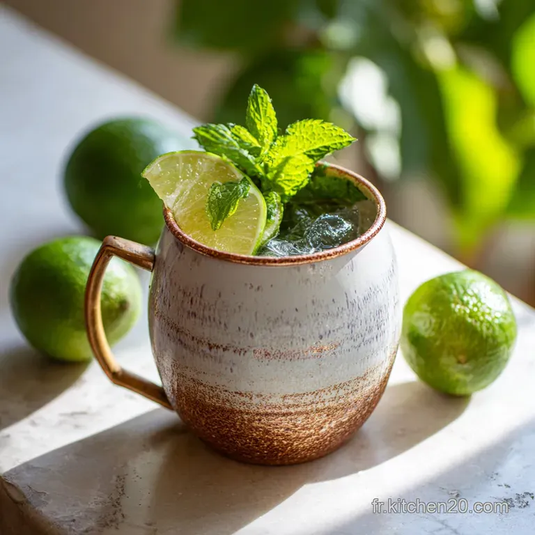 A frosty copper mug of Moscow Mule, condensation glistening, next to a lime wedge and sprig of mint on a rustic wooden sur...