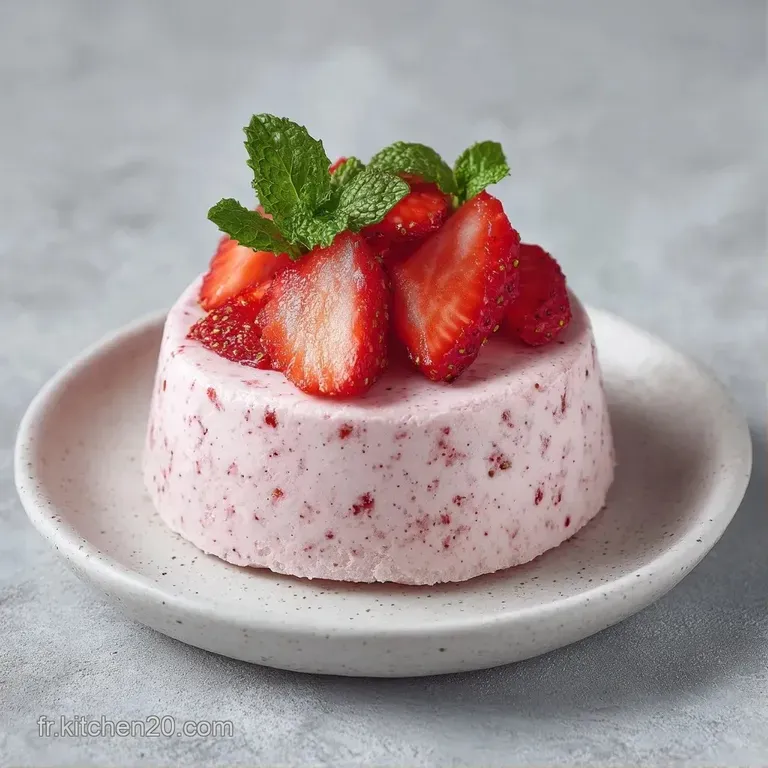 Mousse a&eacute;rienne rose p&acirc;le dans un verre fin, d&eacute;cor&eacute;e d'un coulis rouge vif et d'une fraise fra&icirc;chement coup&eacute;e.