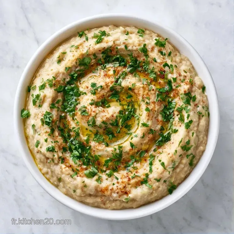 Pur&eacute;e onctueuse beige dispos&eacute;e en spirale dans un bol, d&eacute;cor&eacute;e de grains de grenade rubis et d'un trait d'huile brillante.