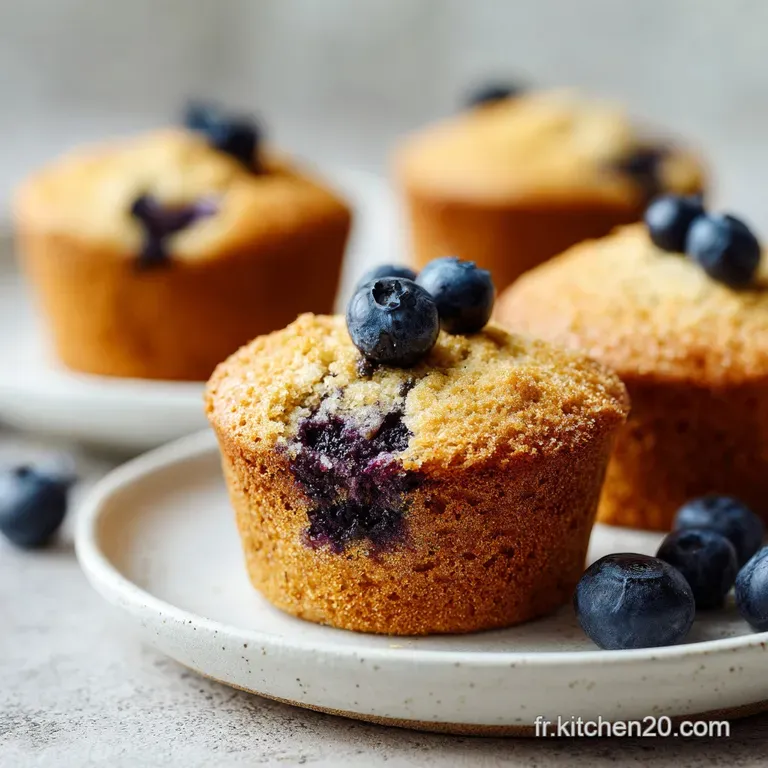 Three fluffy blueberry muffins stacked elegantly on a white plate, garnished with a sprig of mint