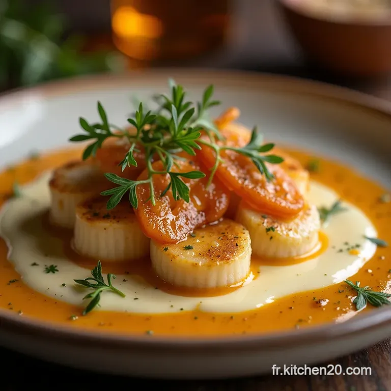 Les Joyaux De La Mer Noix De Saintjacques Po&ecirc;l&eacute;es Sauce Cr&eacute;m&eacute;e Au Cognac Et Estragon Frais presentation
