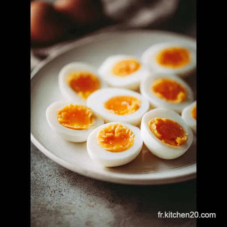 Elegant hard-boiled egg halves sprinkled with fresh herbs & cracked pepper on a white plate, glistening softly under the l...