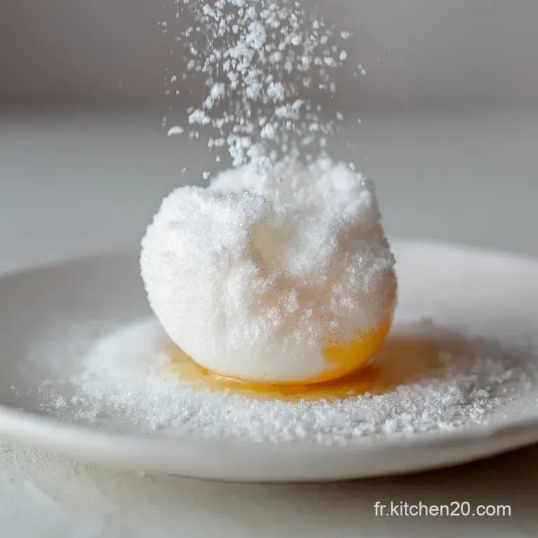 Delicate meringue clouds drizzled with caramel sauce are elegantly arranged on a white plate, dusted with cocoa powder and...