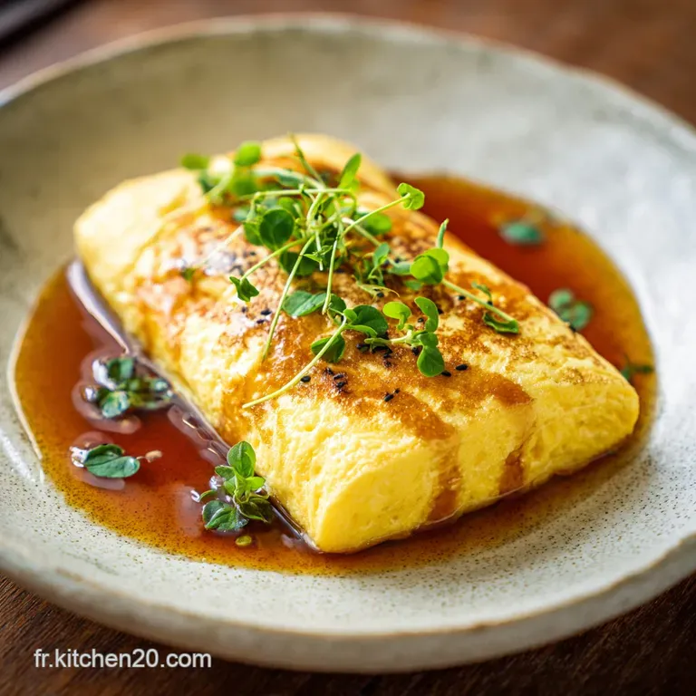 Elegant omelette japonaise plated with vibrant green salad, light catching the velvety egg surface. A perfect brunch!