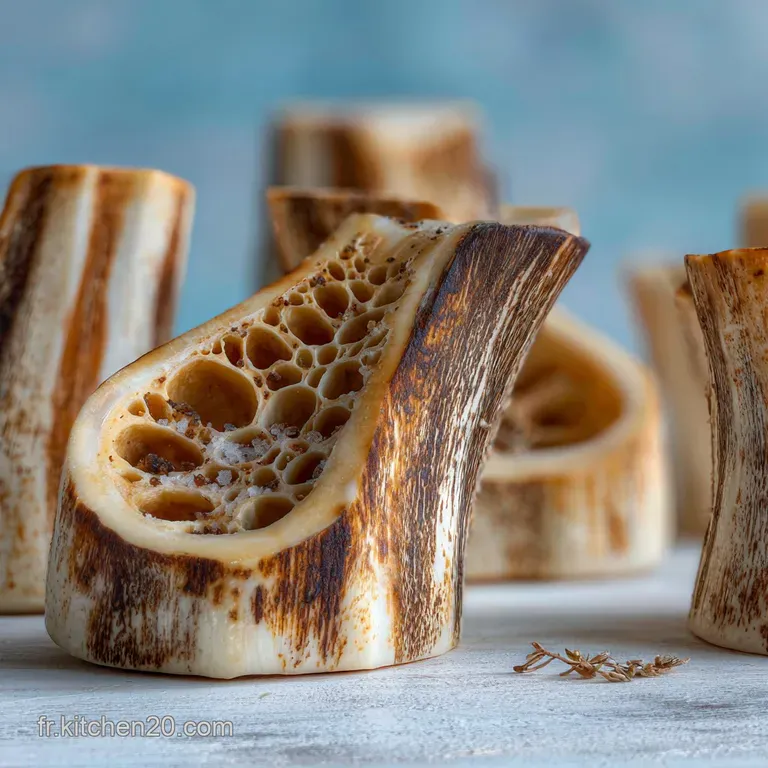 Rustic bone marrow dish presented elegantly. Toasted bread points, herb sprigs, and a sprinkle of salt create an inviting ...