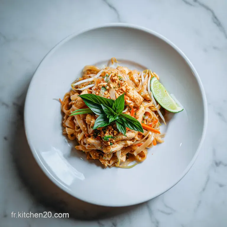 A beautifully arranged plate of Pad Thai, showcasing colorful noodles, bright lime wedges, and a sprinkle of chili flakes