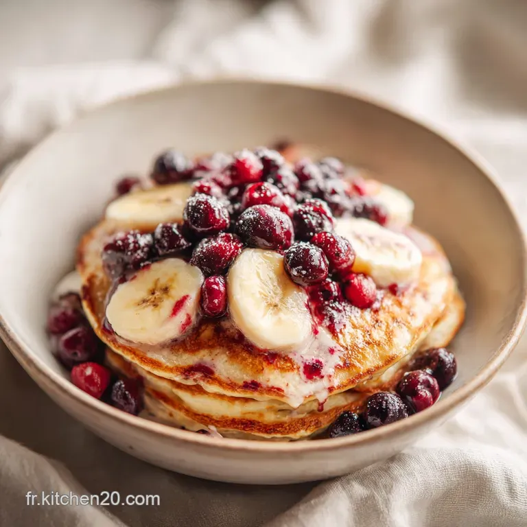 A single, artfully arranged pancake topped with a swirl of whipped cream, fresh berries, and a banana slice.