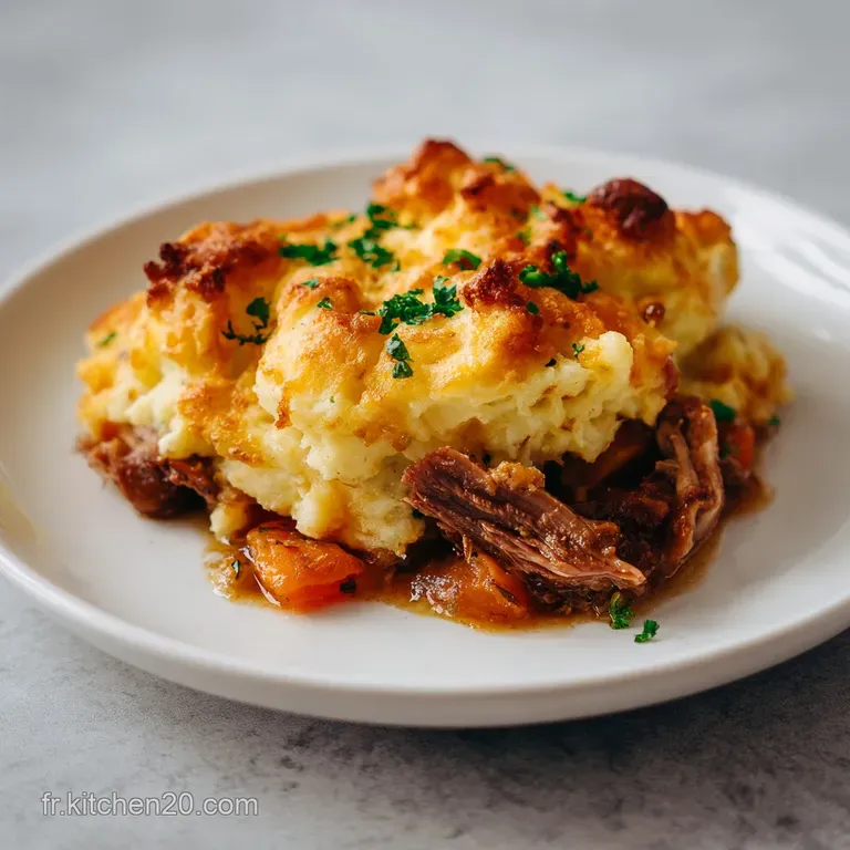 Elegant individual ramekins of duck parmentier, with a lightly browned potato topping and a sprinkle of herbs.