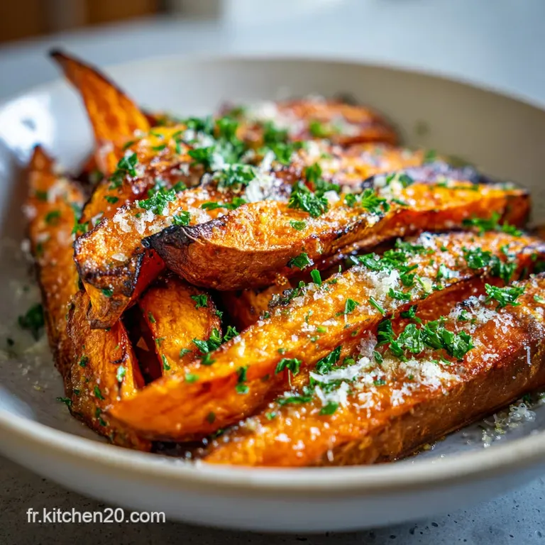 Golden sweet potato wedges drizzled with oil, artfully arranged on a white plate with fresh herbs. Warm and inviting.