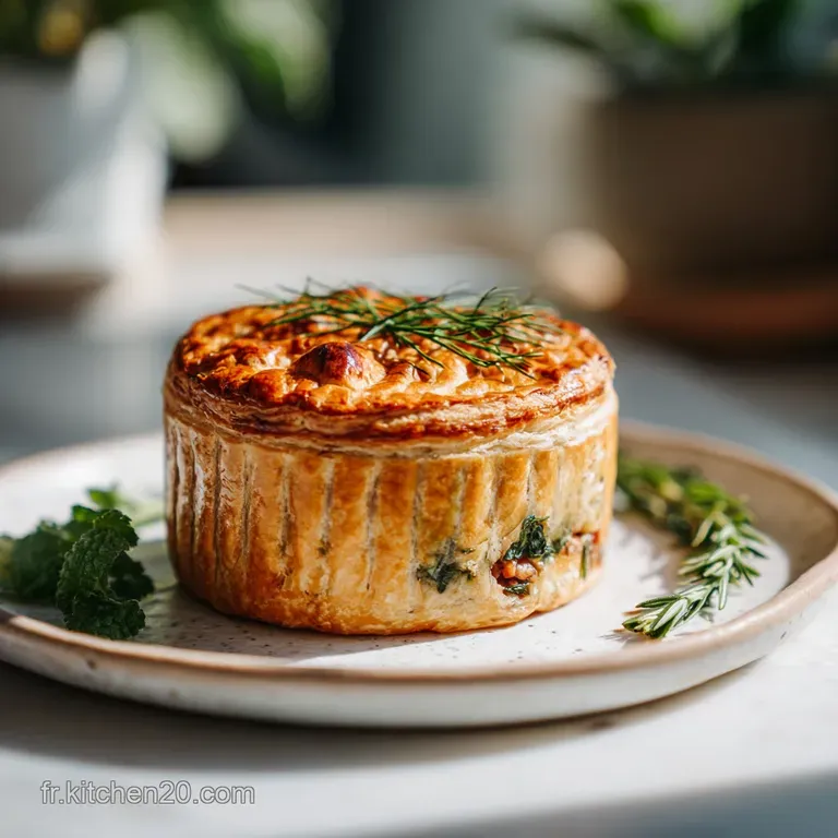 Slice of golden pate en croute on a plate. Rich, savory filling is visible, complemented by a flaky crust and garnish.