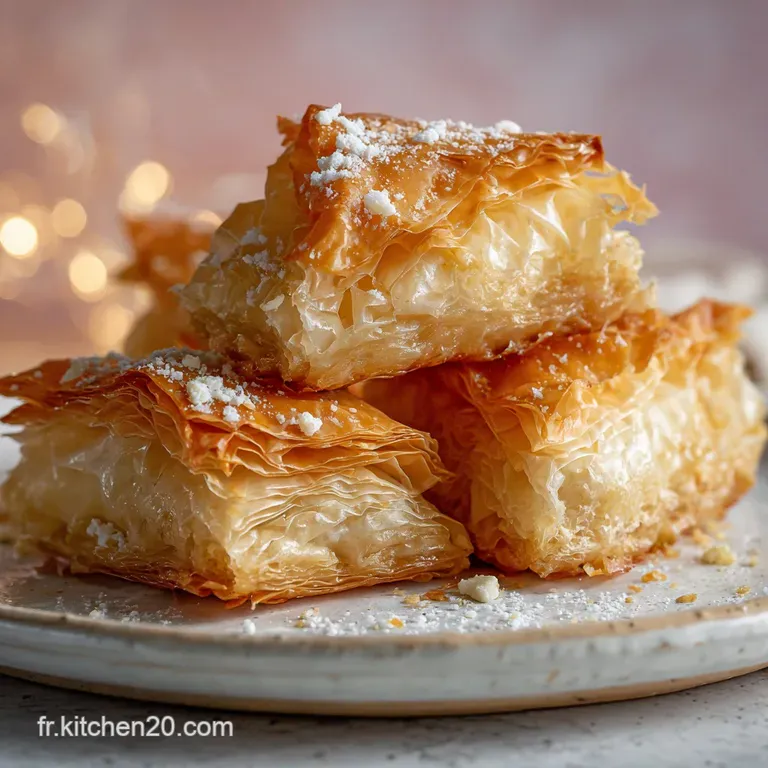 Towering stack of crispy filo pastry layers, artfully arranged with a dusting of powdered sugar and a vibrant berry garnis...