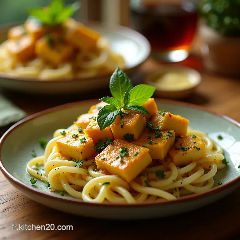 P&acirc;tes Aglio E Olio V&eacute;g&eacute;tariennes Express Au Tofu Croustillant presentation