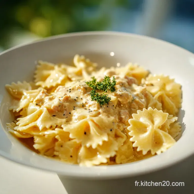 An artfully plated dish of tender pasta in a velvety sauce, garnished with fresh parsley and a drizzle of cream.