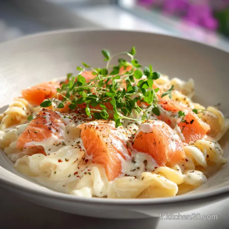 A perfectly twirled nest of pasta, draped in a delicate blush sauce with flecks of dill, topped with rich smoked salmon.