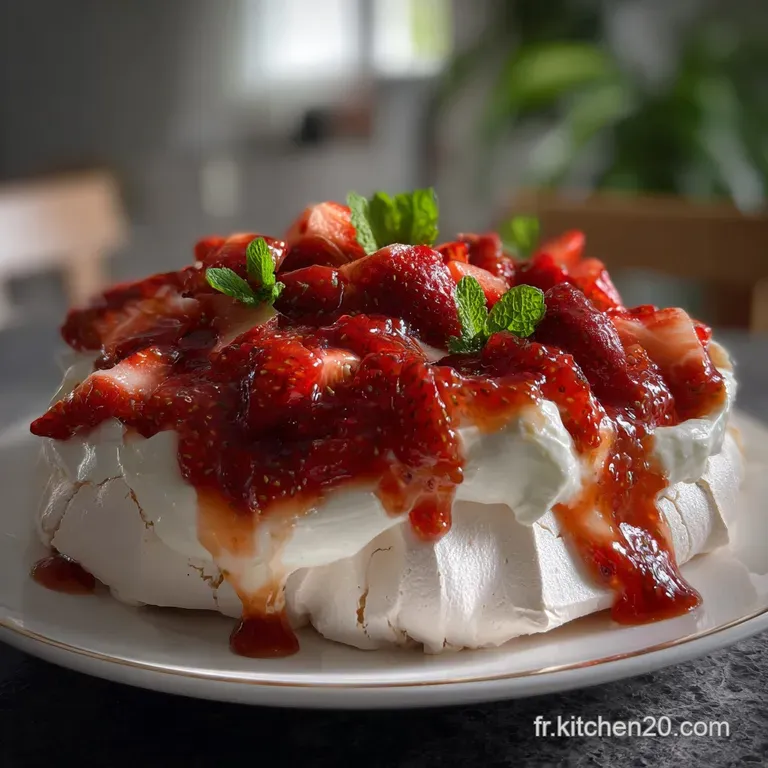 Delicate pavlova slice, showcasing layers of meringue, cream, and vibrant red fruit coulis, served on a modern white ceramic.