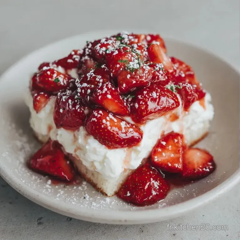 Assiette blanche o&ugrave; s'alignent des fraises rouges brillantes entourant un d&ocirc;me de cr&egrave;me onctueuse et fra&icirc;che.